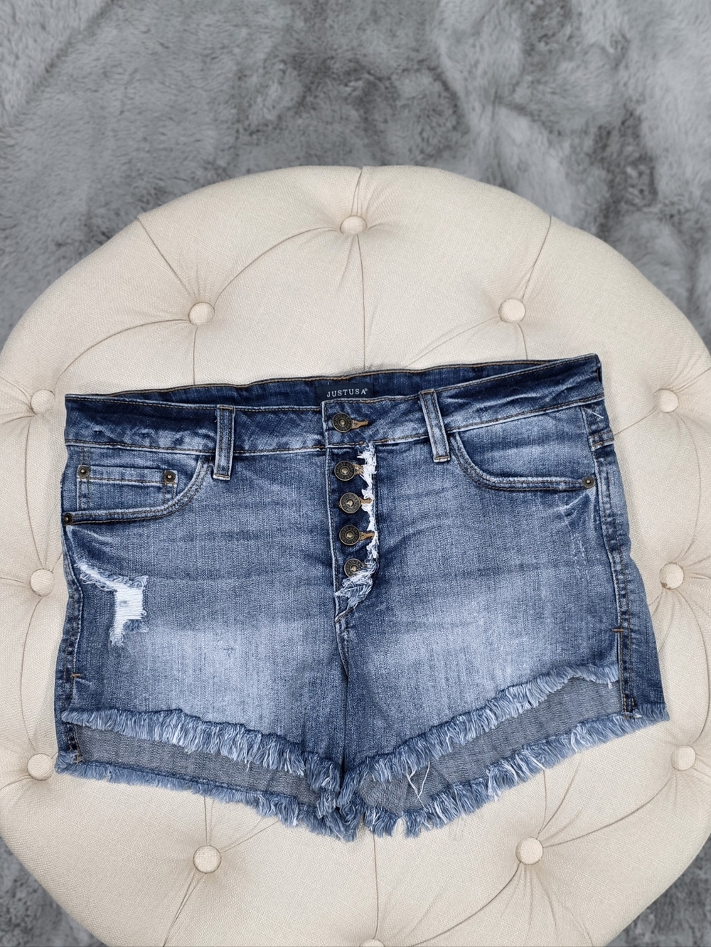 Just USA Faded Blue Distressed Button-Up Denim Shorts